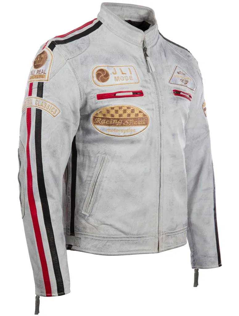 CXUS Men's Racing Biker Jacket - Dirty White