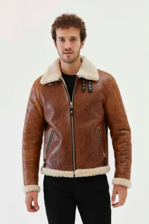 Men Aviator Tan&Off White Shearling Jacket